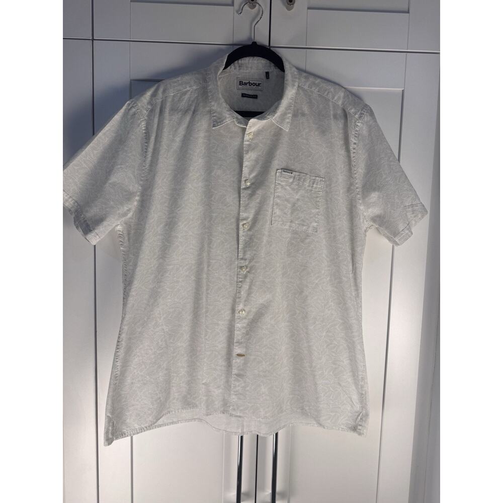 Barbour Regular Fit White Leaf Print Button Down Shirt Mens XXL Summer Casual